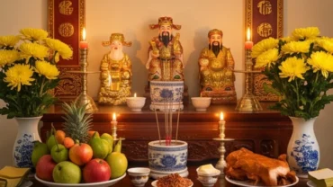 Mâm cúng và văn khấn Thần Tài ngày 30 Tết được chuẩn bị tươm tất với hoa quả, bộ tam sên và hương đèn