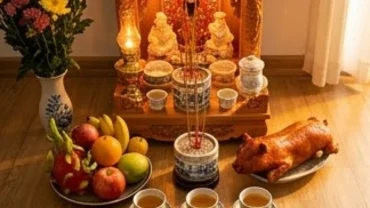 Mâm cúng đủ đầy giúp gia chủ trang nghiêm đọc văn khấn Thần Tài ngày rằm