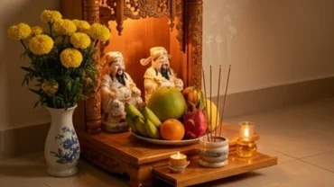 Mâm lễ vật tươm tất và không gian ban Thần Tài Thổ Địa linh thiêng để đọc văn khấn Thần Tài rằm tháng Chạp