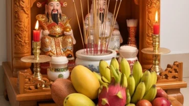 Mâm lễ tươm tất được chuẩn bị trước khi đọc văn khấn Thần Tài rằm tháng Giêng để cầu mong một năm sung túc