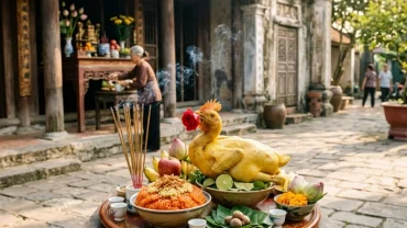 Mâm lễ vật tươm tất và trang nghiêm được chuẩn bị để đọc văn khấn thành hoàng làng tại không gian sân đình cổ kính