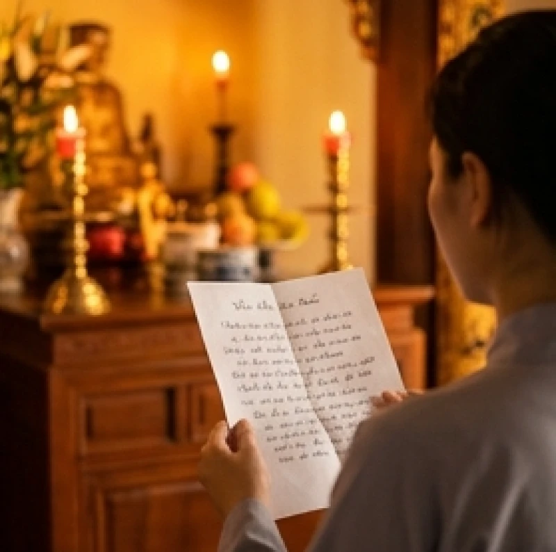 Văn khấn đình làng ngày rằm: Bài cúng ngày Vọng & trình tự chuẩn 7 Người đi lễ cầm tờ văn khấn Thành Hoàng làng đọc trang nghiêm trước án thờ ngập tràn ánh nến