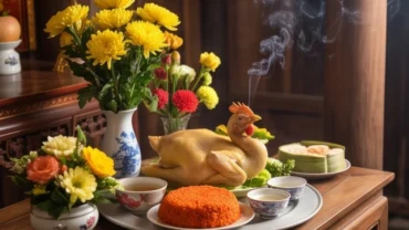 Mâm lễ mặn và hương hoa tươi được chuẩn bị tươm tất để đọc văn khấn Thành Hoàng làng tại đình