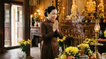 Người đi lễ trang nghiêm đọc văn khấn Thánh Mẫu trước mâm lễ vật tại đền thờ truyền thống Việt Nam