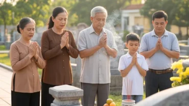 Người đàn ông mặc trang phục truyền thống thắp hương và đọc bài văn khấn Thanh Minh trước phần mộ gia tiên
