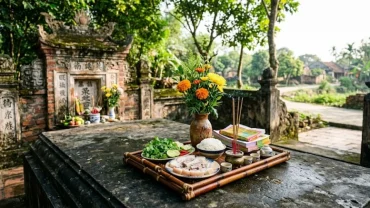 Mâm lễ cúng trang nghiêm và chuẩn bị đọc văn khấn thanh minh ngoài mộ tại nghĩa trang