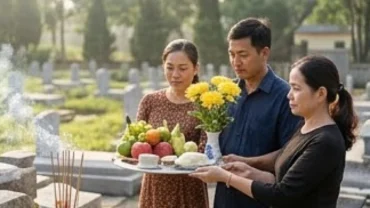 Gia đình thành kính thắp hương dâng mâm lễ và đọc văn khấn Thanh Minh tại nghĩa trang yên bình
