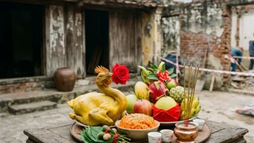 Mâm lễ vật truyền thống chuẩn bị cho nghi thức đọc văn khấn tháo dỡ nhà cũ để cầu bình an