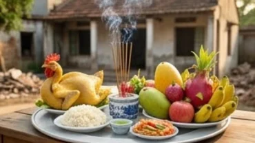 Mâm lễ cúng tươm tất dâng lên thần linh trước khi đọc văn khấn tháo dỡ nhà cũ để cầu bình an thi công