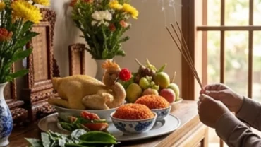 Mâm lễ cúng trang nghiêm được chuẩn bị tươm tất để gia chủ đọc văn khấn thay bàn thờ mới cầu bình an