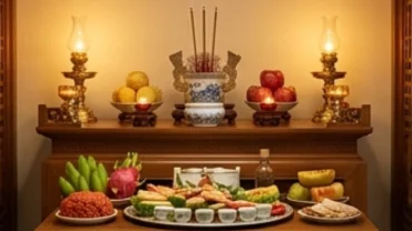 Bàn thờ gia tiên mới bằng gỗ hương được bài trí trang nghiêm với nhang đèn để đọc văn khấn thay bàn thờ gia tiên mới