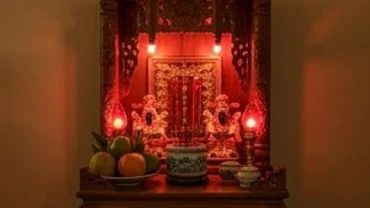 Bàn thờ Thần Tài trang nghiêm chuẩn bị cho nghi thức đọc văn khấn thay bàn thờ Thần Tài mới.