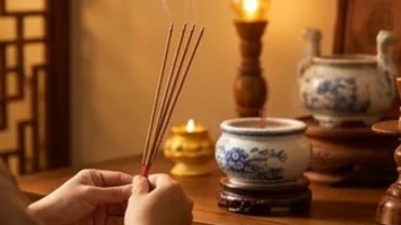 Một người đang chắp tay trang nghiêm đọc văn khấn thay bát hương mới trước bàn thờ gia tiên ấm cúng