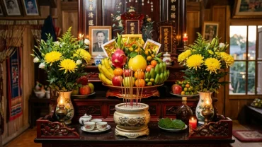 Mâm lễ tươm tất chuẩn bị cho nghi thức đọc văn khấn thay bát hương mới trang nghiêm tại gia đình Việt Nam