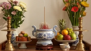 Không gian thờ cúng trang nghiêm khi gia chủ dâng mâm lễ vật và đọc văn khấn thay bát hương mới