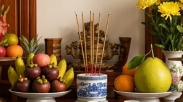 Mâm lễ cúng tươm tất dâng lên ban thờ cùng bài văn khấn Thổ Công mùng 1