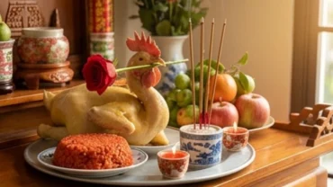 Mâm cúng và không gian đọc văn khấn Thổ Công mùng 2 Tết truyền thống với gà luộc ngậm hoa, xôi gấc và hương đăng