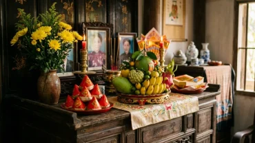 Mâm lễ cúng mặn tươm tất bên cạnh bài văn khấn thổ công ngày 30 tết trên ban thờ gia đình Việt Nam ấm cúng