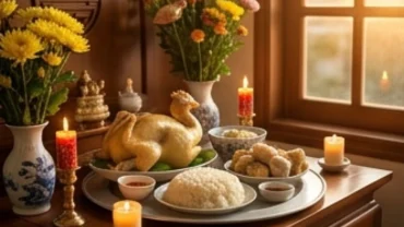 Mâm lễ vật tươi tắn bày biện chỉn chu để chuẩn bị đọc văn khấn Thổ Công ngày rằm tạ ơn thần linh