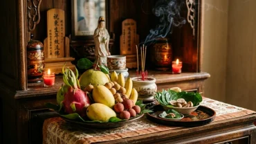 Mâm lễ cúng trang nghiêm đặt trên bàn thờ cùng bài văn khấn thổ công rằm tháng 7 giúp gia đạo bình an