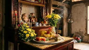 Mâm lễ vật trang nghiêm chuẩn bị cho nghi thức đọc văn khấn thổ công thổ địa tại nhà