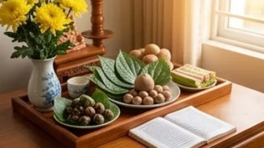 Mâm lễ tươm tất dâng lên ban thờ cùng bài văn khấn Thổ Công Thổ Địa trong không gian thờ cúng trang nghiêm