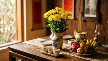Mâm lễ vật cúng Thổ Địa tươm tất với hoa tươi và trái cây đặt trên bàn thờ trước khi đọc văn khấn thổ địa