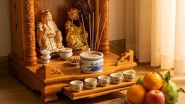 Bàn thờ Thần Tài Thổ Địa được dâng hương hoa tươi trang nghiêm để đọc văn khấn Thổ Địa hàng ngày