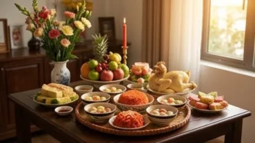 Mâm cúng và bài văn khấn thôi nôi bé gái chuẩn bị trang nghiêm để tạ ơn thần linh