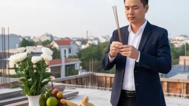 Gia chủ đọc văn khấn thượng lương trước mâm cúng cất nóc đặt tại công trình đang thi công