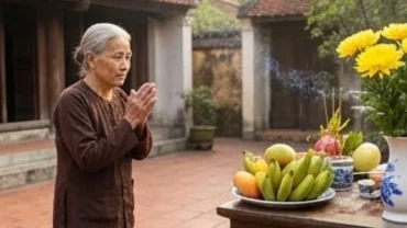 Gia chủ đọc văn khấn Tiền Chủ Hậu Chủ trước mâm lễ đặt ngoài trời với hương hoa và trầu cau