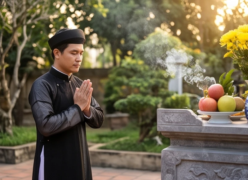 Gia chủ chắp tay thành kính thỉnh mời ngài Tiền chủ tại cây hương ngoài sân vườn lúc hoàng hôn