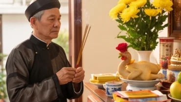 Người chủ lễ thắp hương đọc văn khấn tiễn gia tiên mùng 3 Tết trước bàn thờ gia tiên trang nghiêm