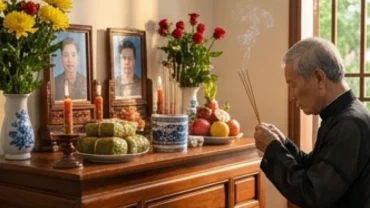 Gia chủ đọc văn khấn tiên thường trước bàn thờ gia tiên trang nghiêm trong ngày cáo giỗ