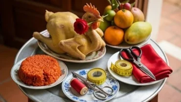 Mâm lễ cúng tươm tất với gà luộc, xôi gấc và đồ nghề cắt may chuẩn bị cho nghi thức đọc văn khấn tổ nghề may