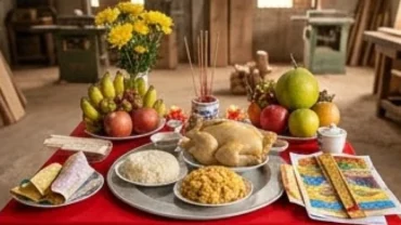 Mâm cúng giỗ tổ nghề mộc đặt trang trọng giữa xưởng với đầy đủ gà luộc, xôi, ngũ quả và đồ nghề vàng mã