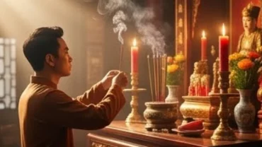 Nghệ sĩ thành kính dâng hương và đọc văn khấn tổ nghề sân khấu trước bàn thờ uy nghi ngập tràn ánh nến