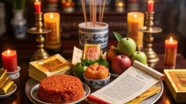 Mâm lễ tạ tươm tất dâng lên ban thờ cùng tờ sớ văn khấn trả lễ Bà Chúa Kho vào dịp cuối năm