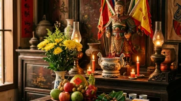 Mâm lễ cúng chay mặn tươm tất dâng lên ban thờ Đức Thánh Trần Hưng Đạo khi đọc bài văn khấn Trần Triều tại đền