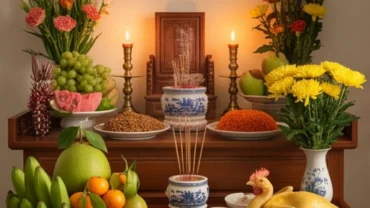 Mâm lễ tươm tất dâng lên bàn thờ tổ tiên trong nghi thức đọc văn khấn trình gia tiên nhận con nuôi