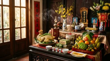 Mâm cỗ truyền thống và không gian chuẩn bị đọc bài văn khấn trưa 30 Tết trang nghiêm của gia đình Việt
