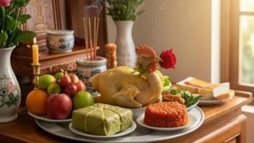 Chuẩn bị mâm cỗ tươm tất và bài văn khấn trưa 30 Tết dâng lên ban thờ gia tiên với gà luộc, bánh chưng xanh, xôi gấc