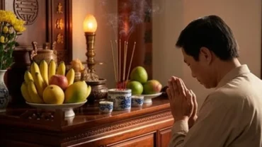 Gia chủ thành tâm đọc văn khấn trước khi bao sái bàn thờ gia tiên với mâm lễ vật