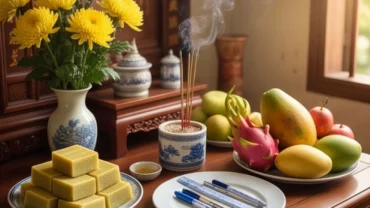 Mâm cúng gia tiên tươm tất với hoa quả, bánh đậu xanh để chuẩn bị đọc văn khấn trước ngày thi
