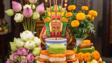 Mâm lễ dâng ban thờ Tứ Phủ Công Đồng được sắp xếp trang nghiêm với hương hoa và oản quả