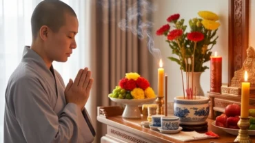 Người đệ tử tại gia mặc áo tràng lam đang chắp tay đọc văn khấn Tứ Phủ tại nhà trước không gian thờ tự thanh tịnh