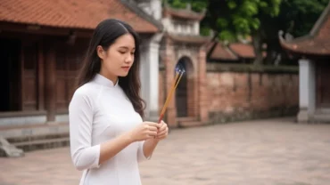 Học sinh thành tâm đọc văn khấn Văn Miếu Quốc Tử Giám trước ban thờ để cầu thi cử đỗ đạt