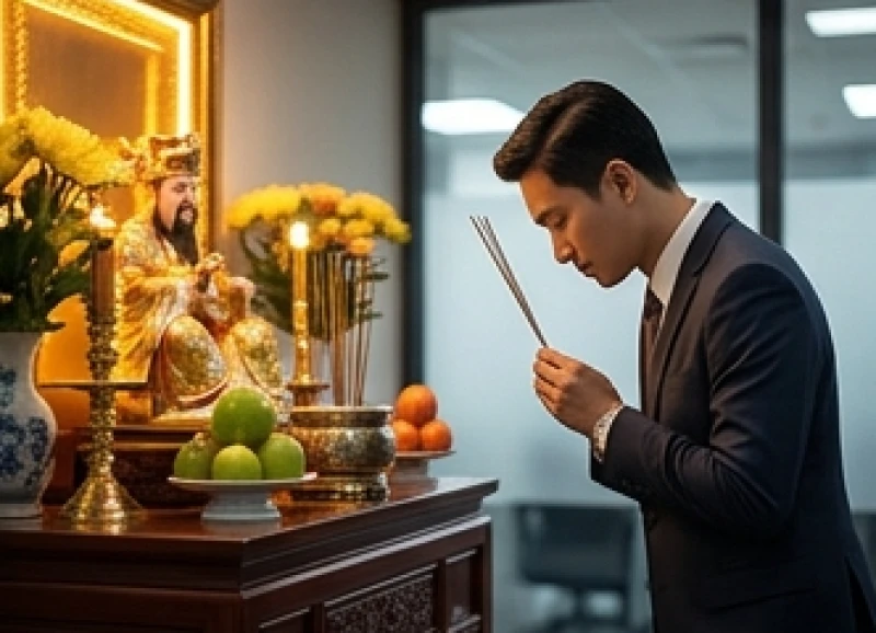 Giám đốc mặc trang phục lịch sự chắp tay khấn vái trước bàn thờ Thần Tài tại công ty