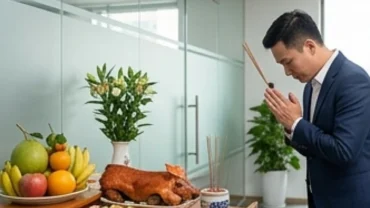 Mâm lễ vật và nghi thức đọc văn khấn vía Thần Tài tại công ty với sự tham gia của ban giám đốc