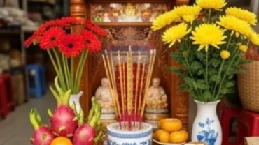 Bàn thờ và mâm cúng trang nghiêm chuẩn bị cho việc đọc văn khấn vía Thần Tài tại cửa hàng kinh doanh